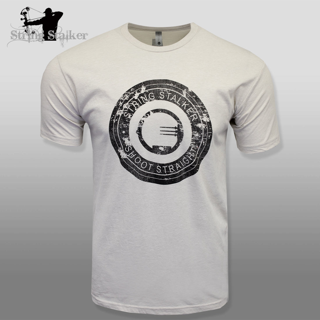 String Stalker Bow Hunting Distressed Site Logo Short Sleeve Super Soft T Shirt - Sand - String Stalker