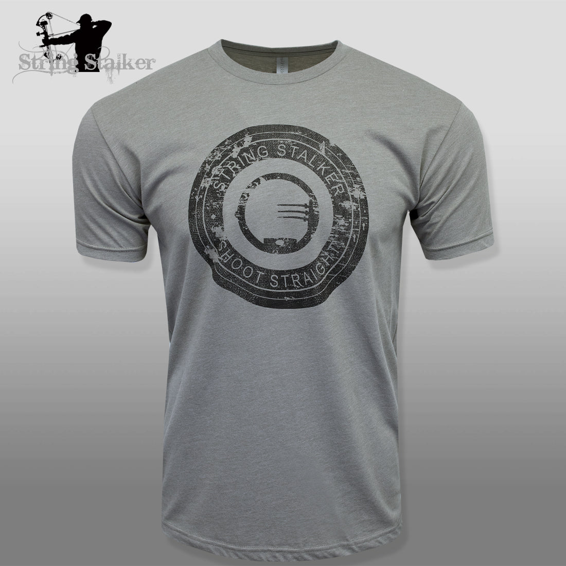 String Stalker Bow Hunting Distressed Site Logo Short Sleeve Super Soft T Shirt - Warm Gray - String Stalker