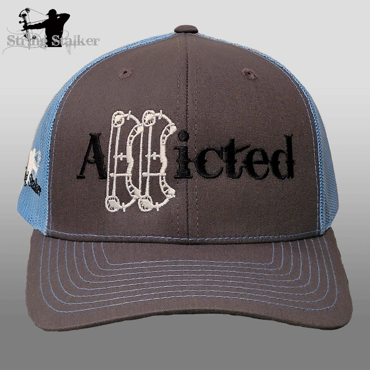 Addicted Bow Hunter Mesh Trucker Hat - Grey/Columbia Blue