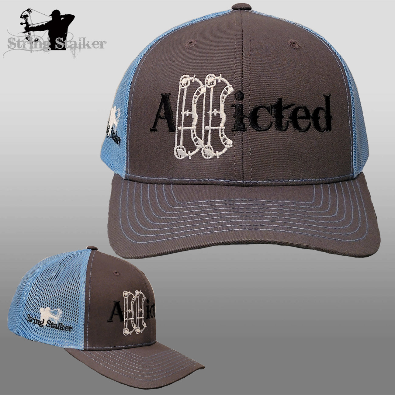Addicted Bow Hunter Mesh Trucker Hat - Grey/Columbia Blue