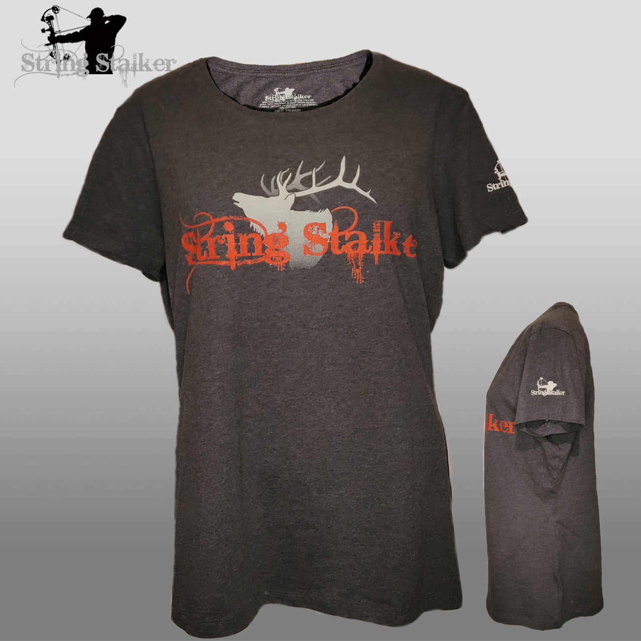 Ladies String Stalker Elk Bow Hunter Tee - Heather Charcoal