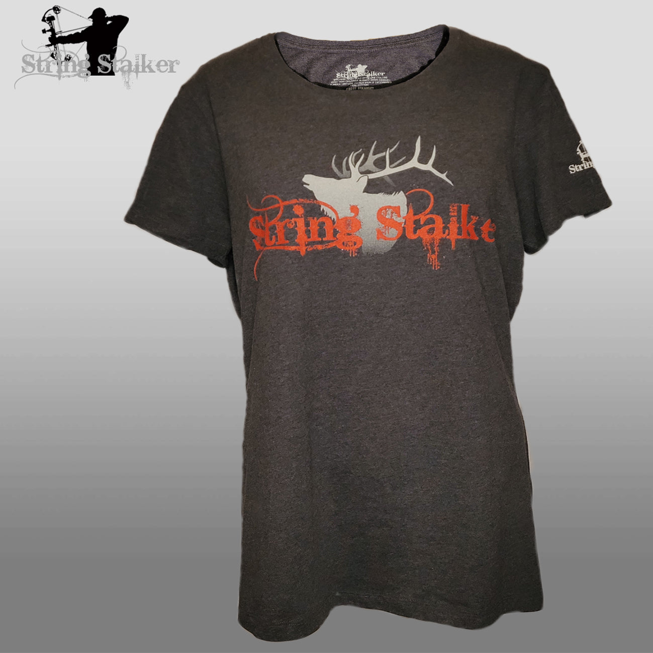 Ladies String Stalker Elk Bow Hunter Tee - Heather Charcoal