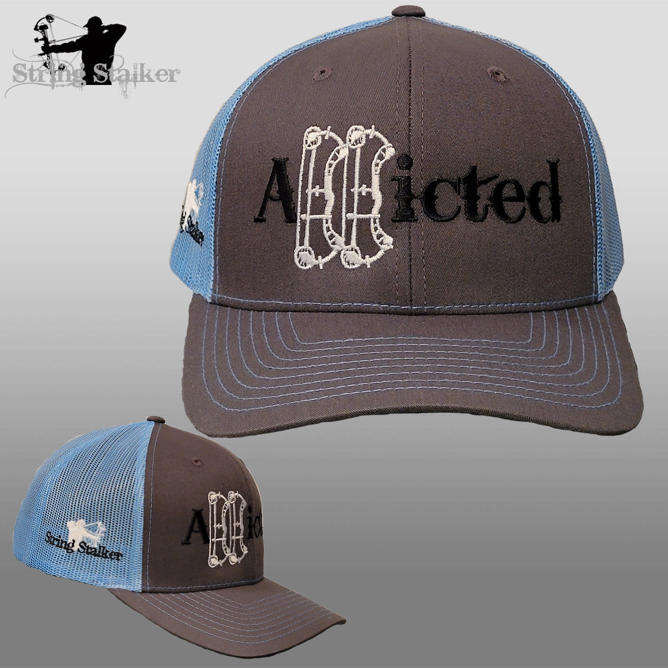 Addicted Bow Hunter Mesh Trucker Hat  - Grey/Columbia Blue